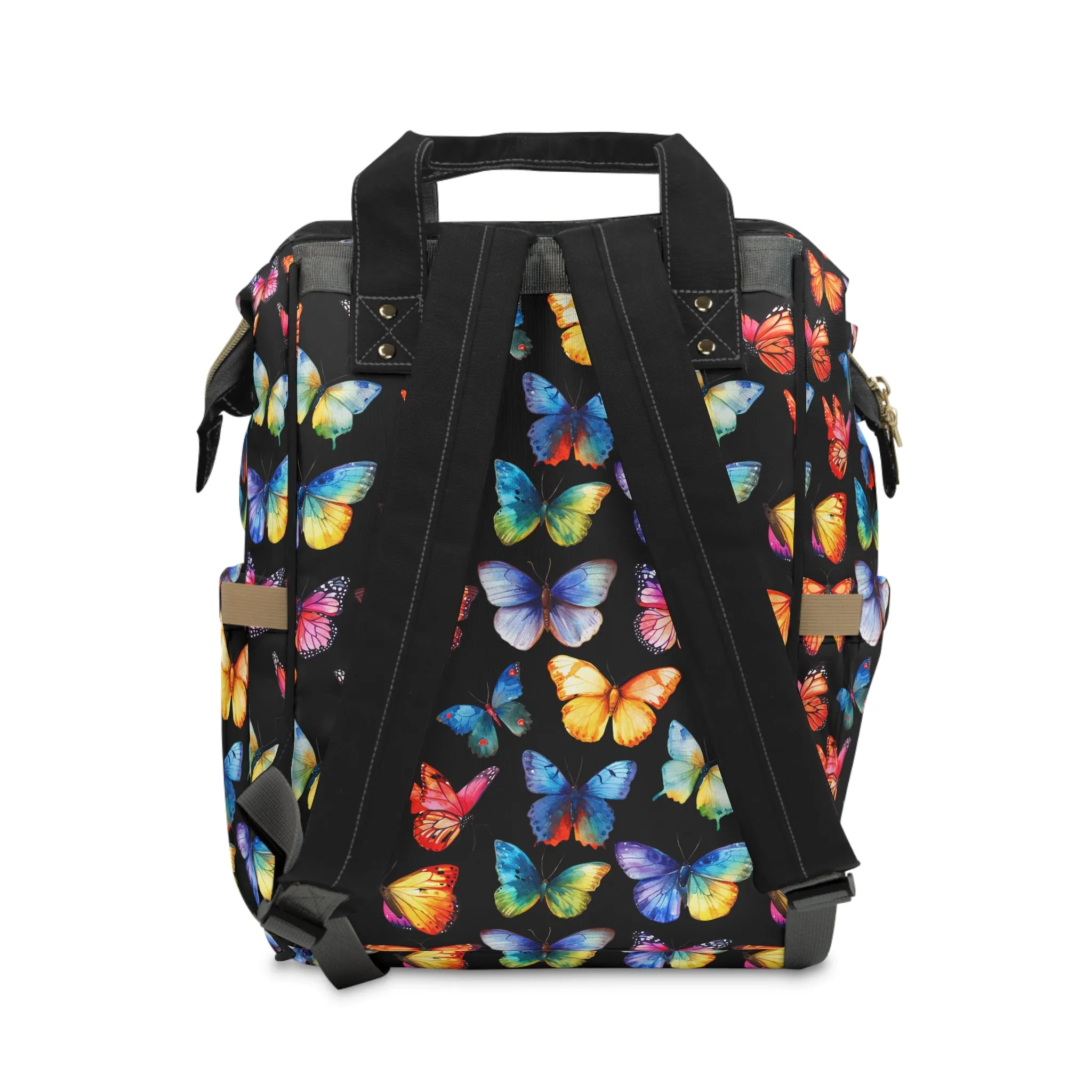 Rainbow Whirl: Butterflies in a Burst of Vibrant Colors on Black Multifunctional Diaper Backpack