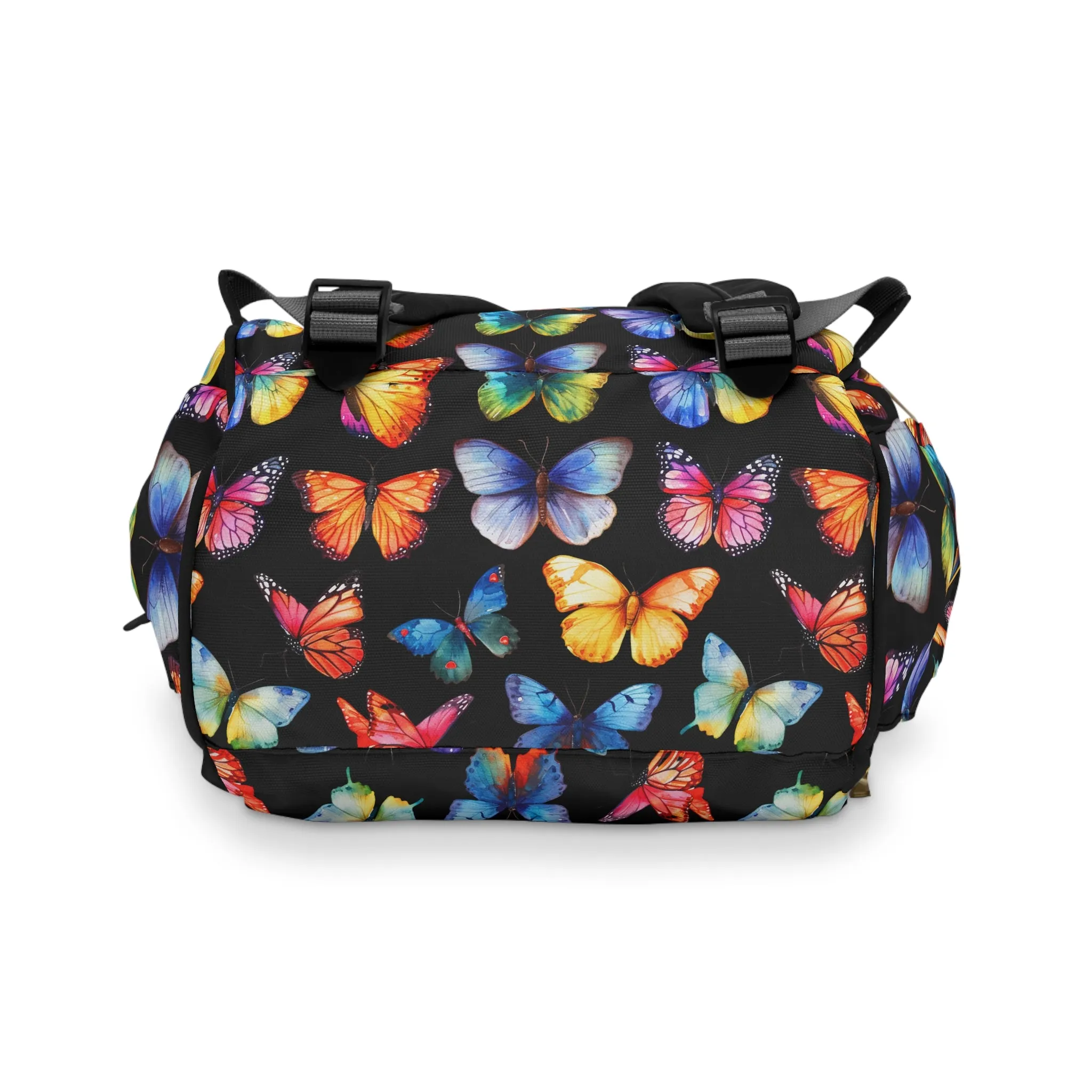 Rainbow Whirl: Butterflies in a Burst of Vibrant Colors on Black Multifunctional Diaper Backpack
