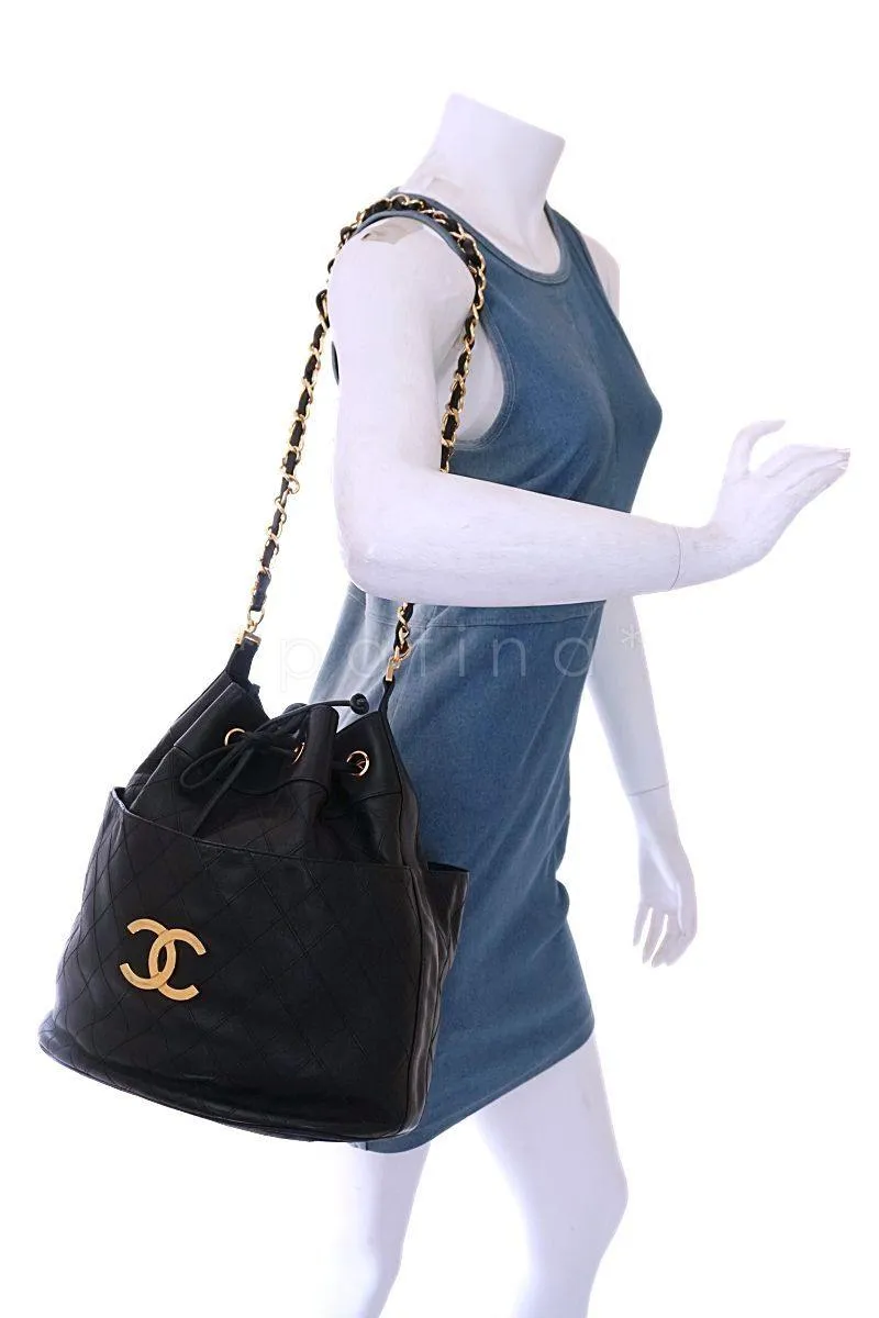 Rare Chanel Vintage Black Drawstring Bucket Bag 24k GHW