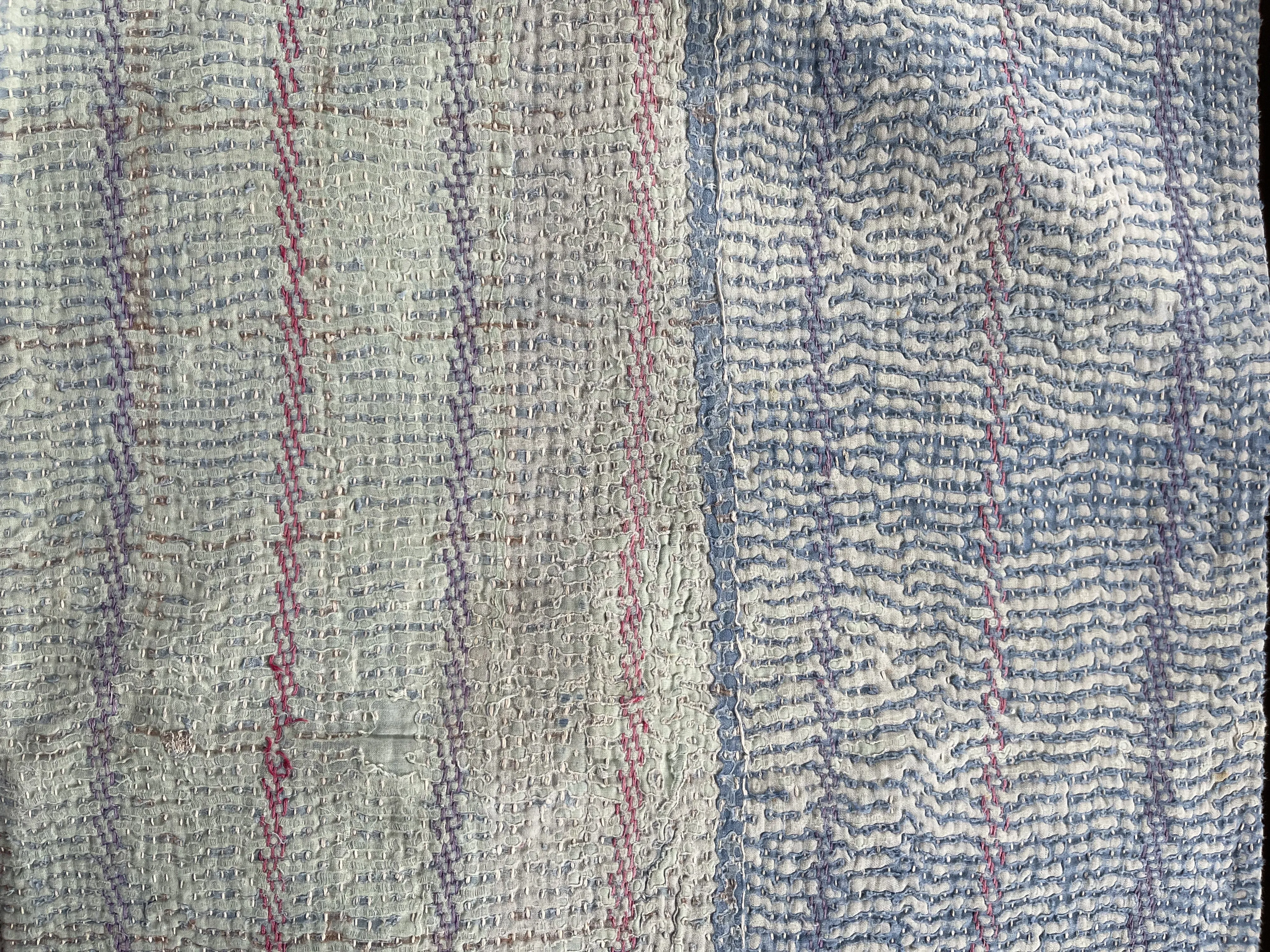 Rectangular Vintage Kantha Cushion - Blue Stripe 4