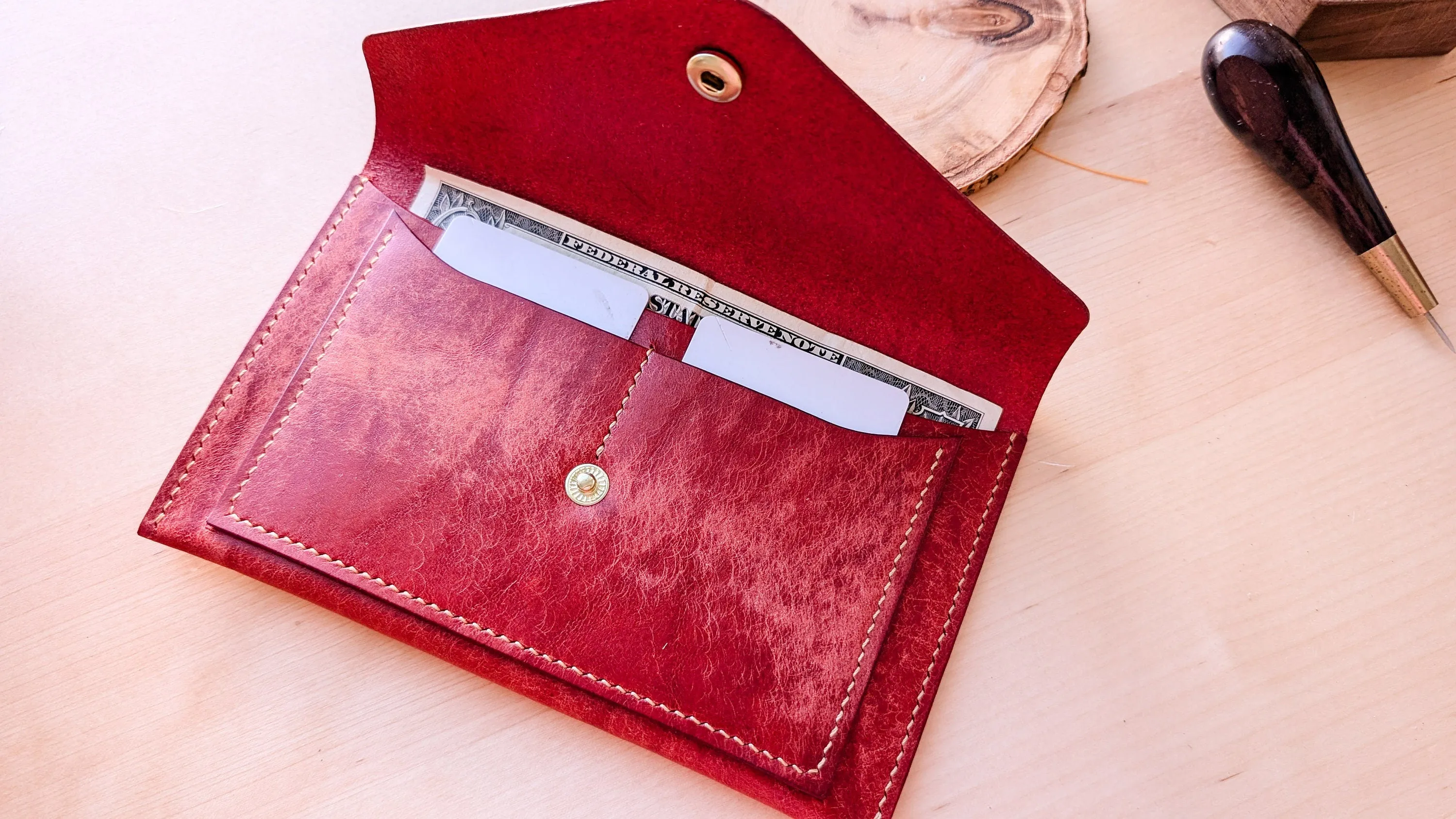 Red Hand Sewn Italian Leather Envelope Cash/Card Wallet