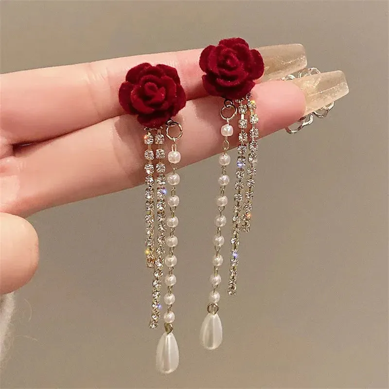 Red Rose Pearl Diamond Tassel  Earrings
