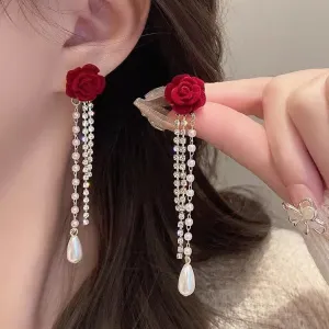 Red Rose Pearl Diamond Tassel  Earrings