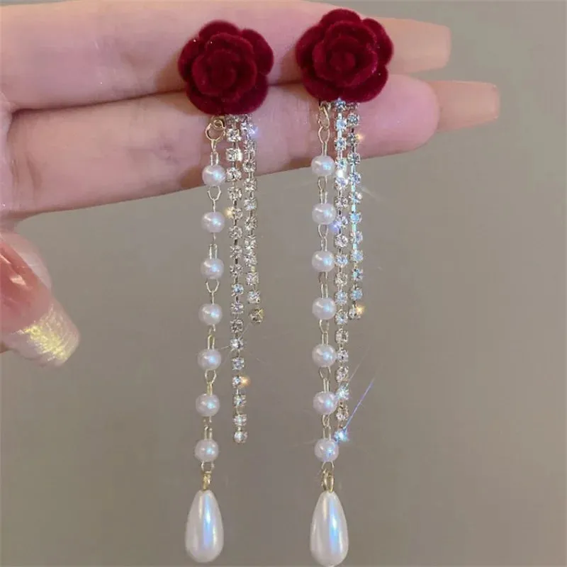 Red Rose Pearl Diamond Tassel  Earrings