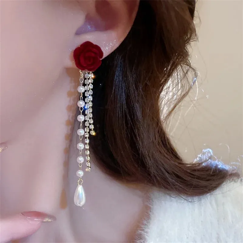Red Rose Pearl Diamond Tassel  Earrings