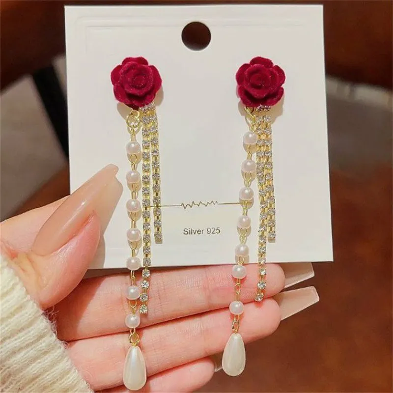 Red Rose Pearl Diamond Tassel  Earrings