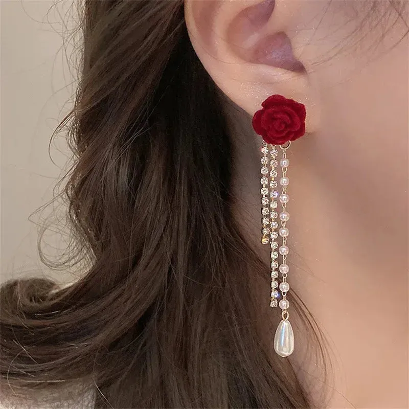 Red Rose Pearl Diamond Tassel  Earrings