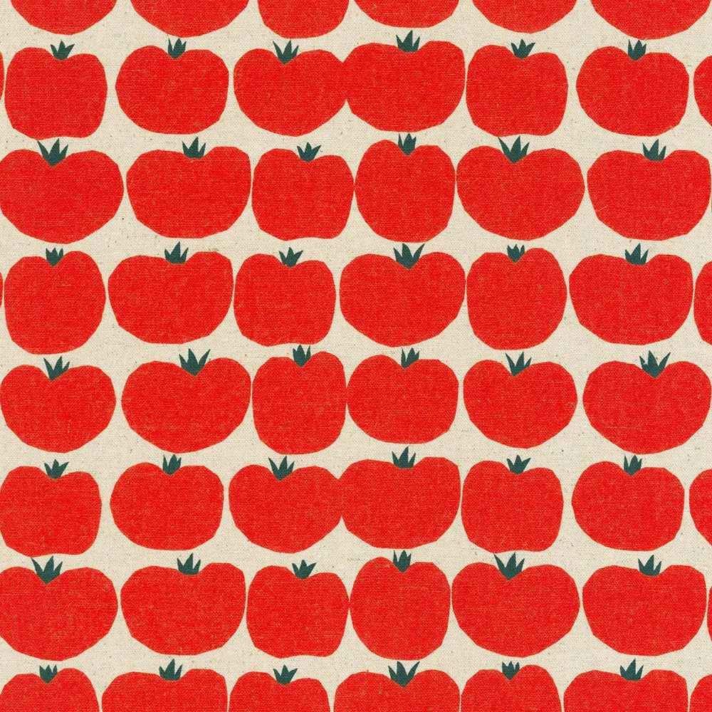 Red Tomato on Natural Cotton-linen Canvas - Japanese Fabrics