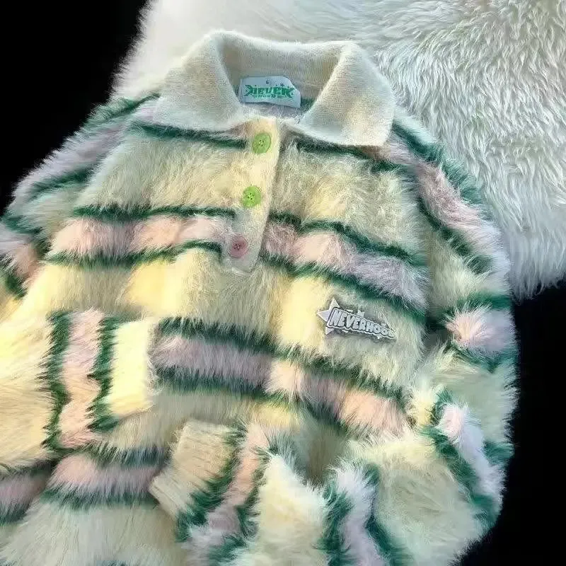 Riolio Vintage Polo Collar Striped Long Sleeve Sweater Women's Loose-fit Knitted Top Autumn/winter Season