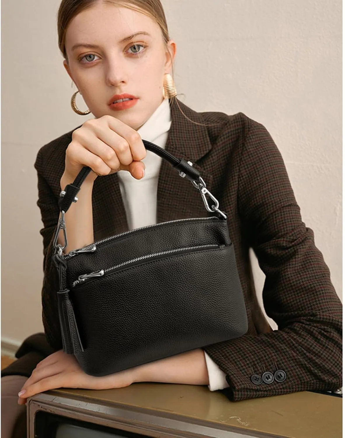 S-ZONE Small Genuine Leather Top Handle Handbags for Women Shoulder Bag Crossbody Purse
