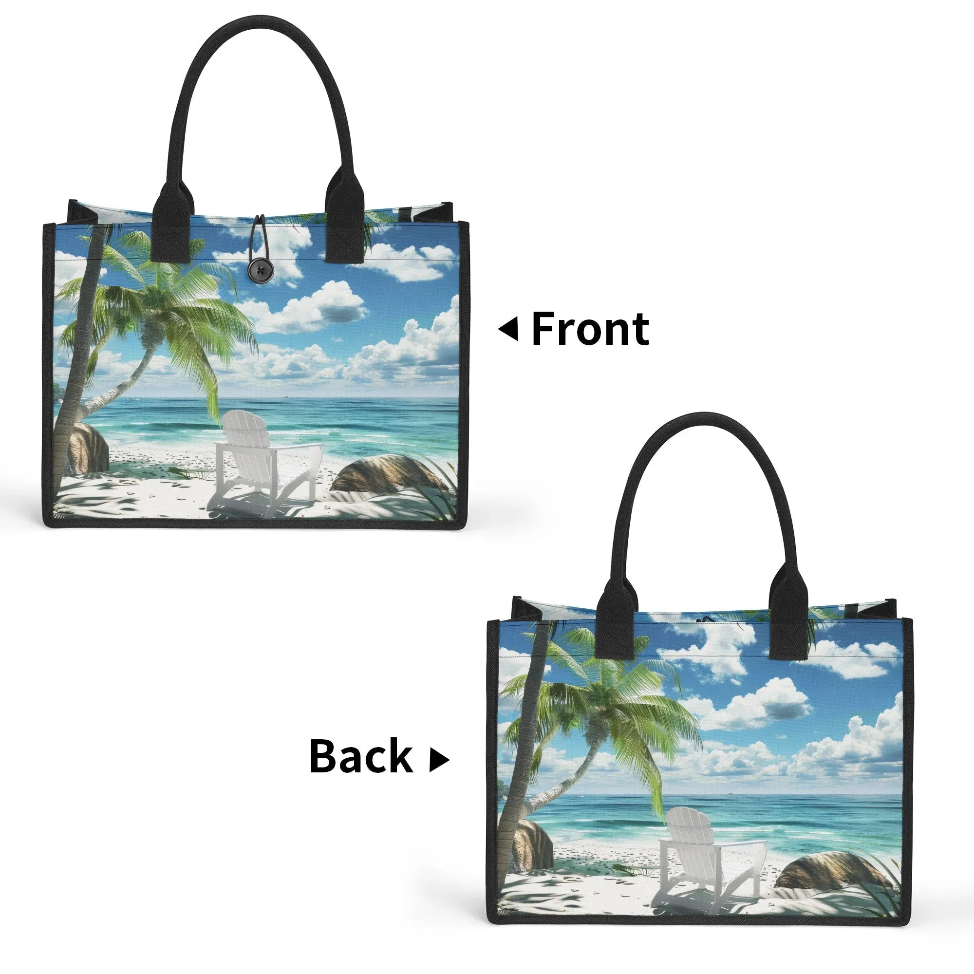Seaside Serenity Sitting Under Palm Trees Structured Button Closure Canvas Tote Bag in 2 Sizes
