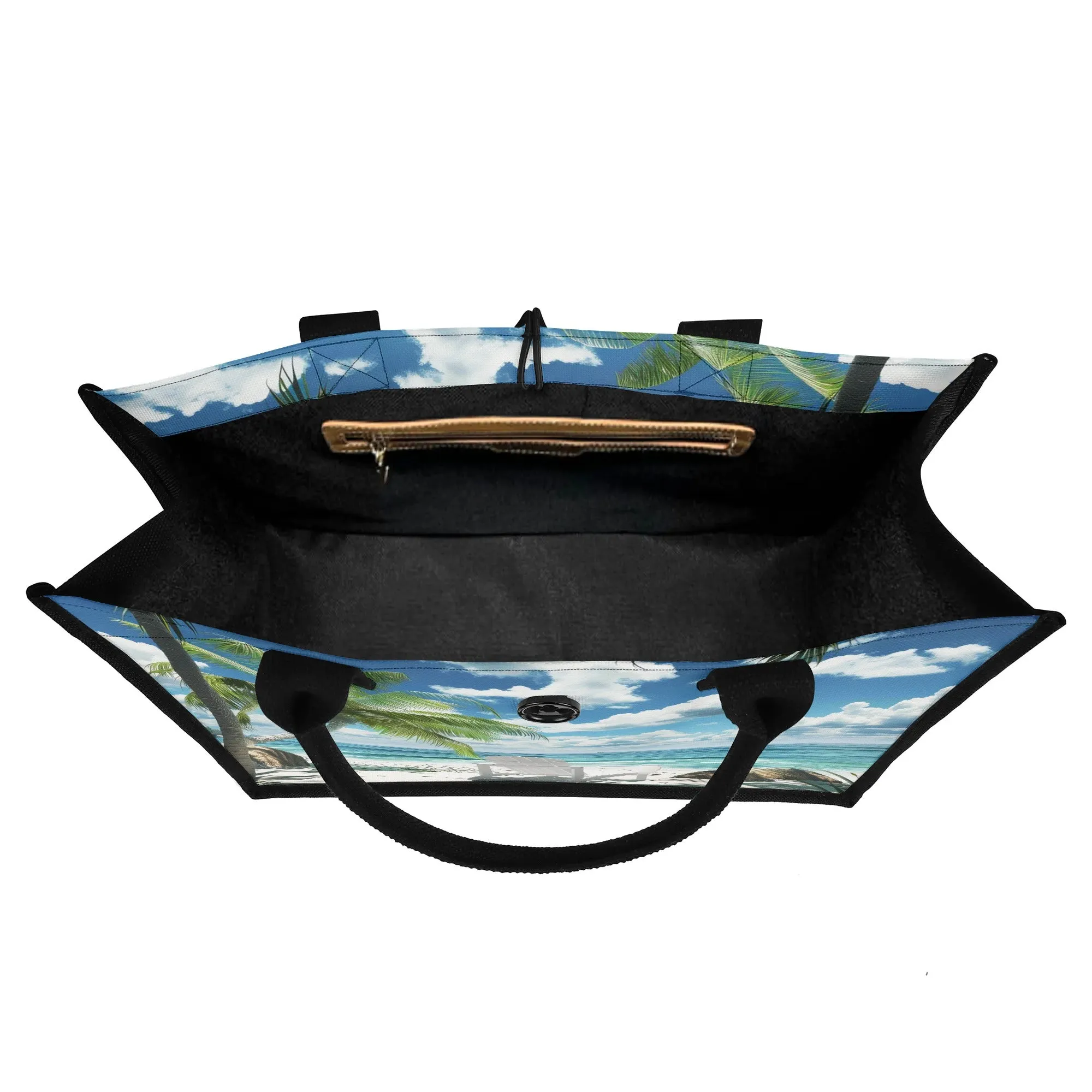 Seaside Serenity Sitting Under Palm Trees Structured Button Closure Canvas Tote Bag in 2 Sizes