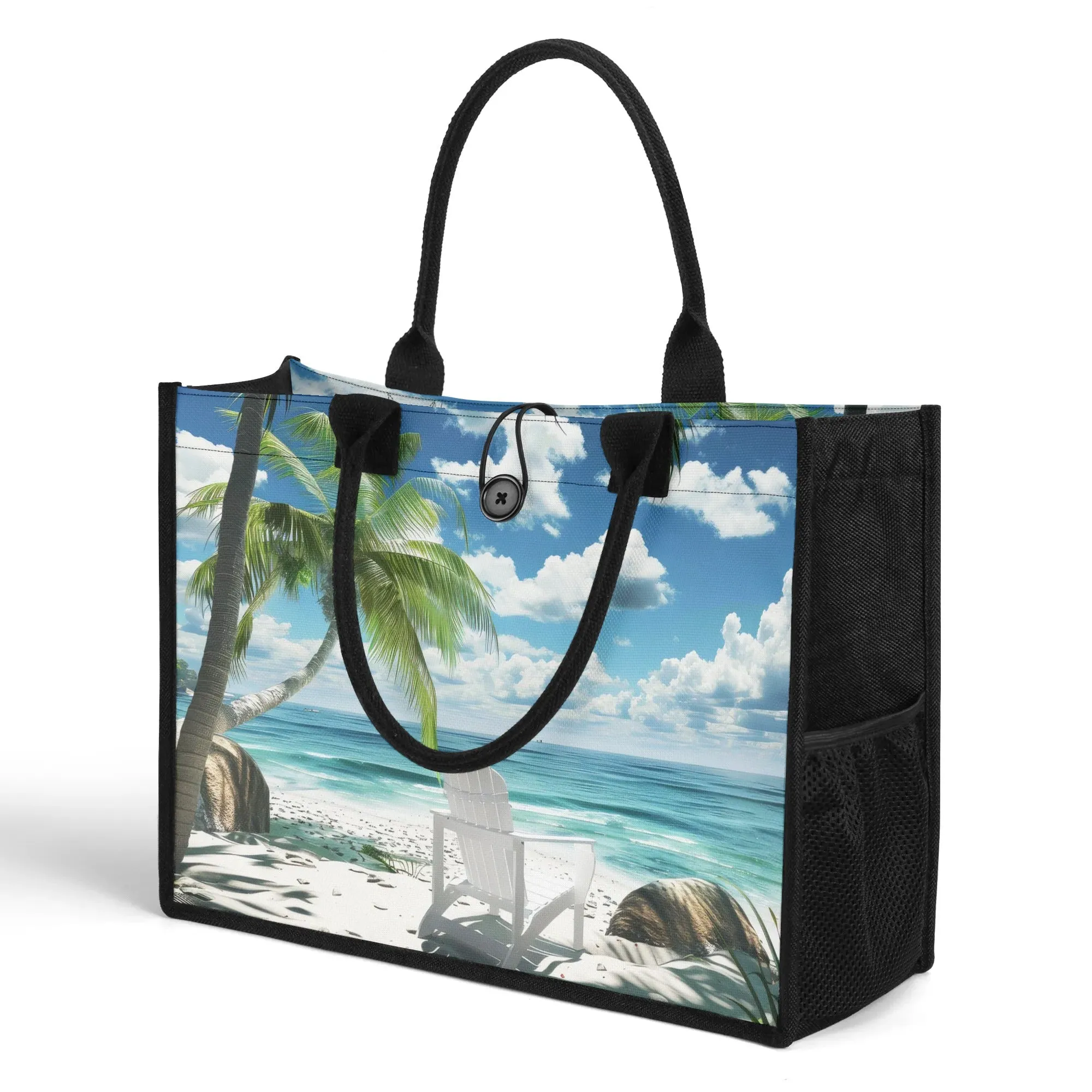 Seaside Serenity Sitting Under Palm Trees Structured Button Closure Canvas Tote Bag in 2 Sizes