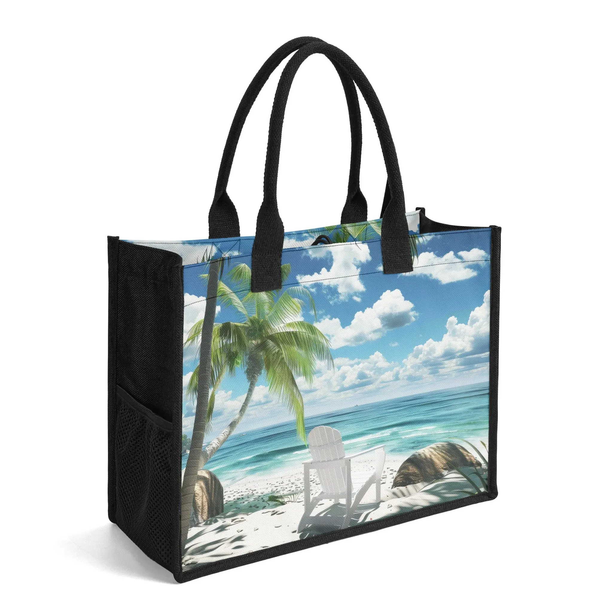 Seaside Serenity Sitting Under Palm Trees Structured Button Closure Canvas Tote Bag in 2 Sizes