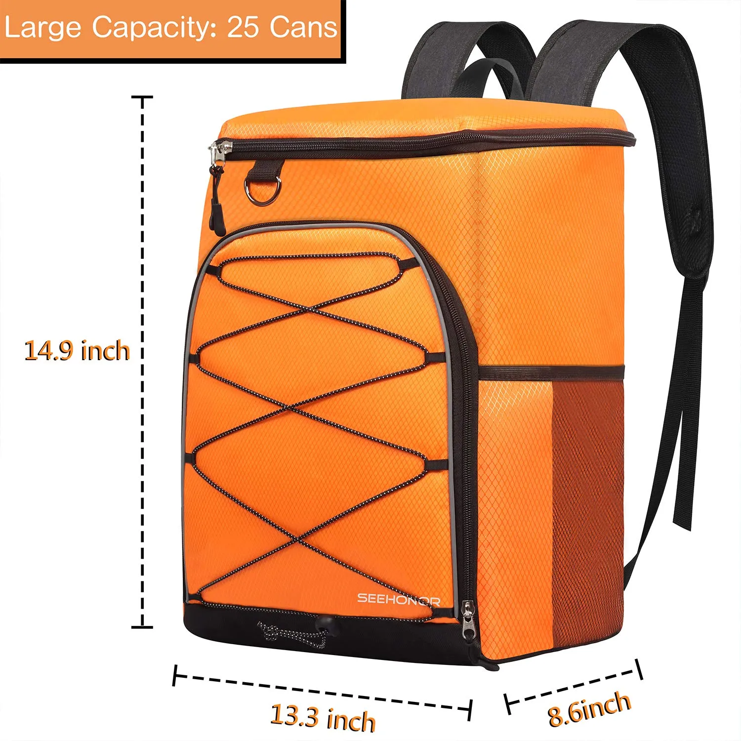 SEEHONOR Insulated Cooler Backpack Leakproof Soft Cooler Bag Lightweight Backpack Cooler Hiking Camping Park Beach, 25 Cans Orange
