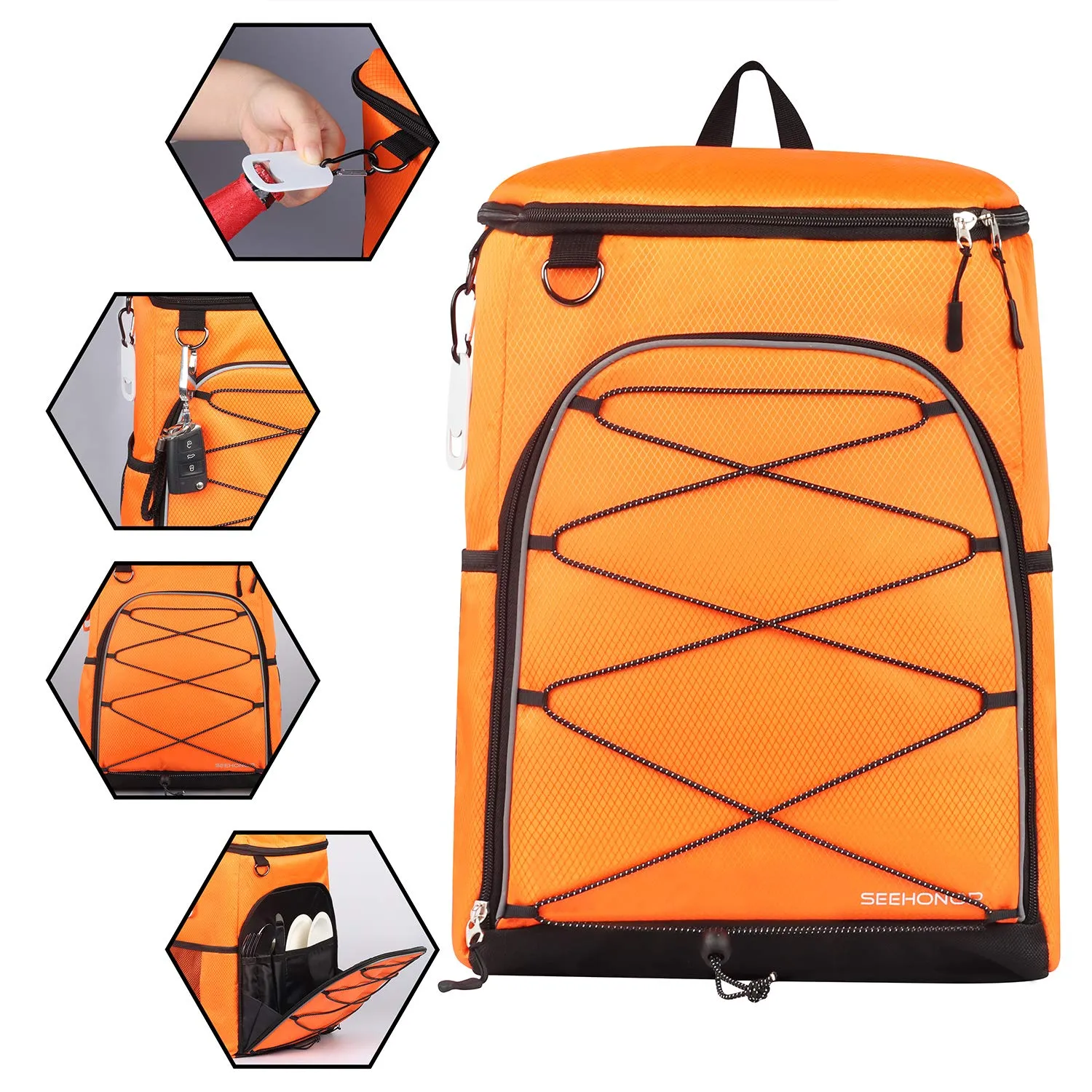 SEEHONOR Insulated Cooler Backpack Leakproof Soft Cooler Bag Lightweight Backpack Cooler Hiking Camping Park Beach, 25 Cans Orange