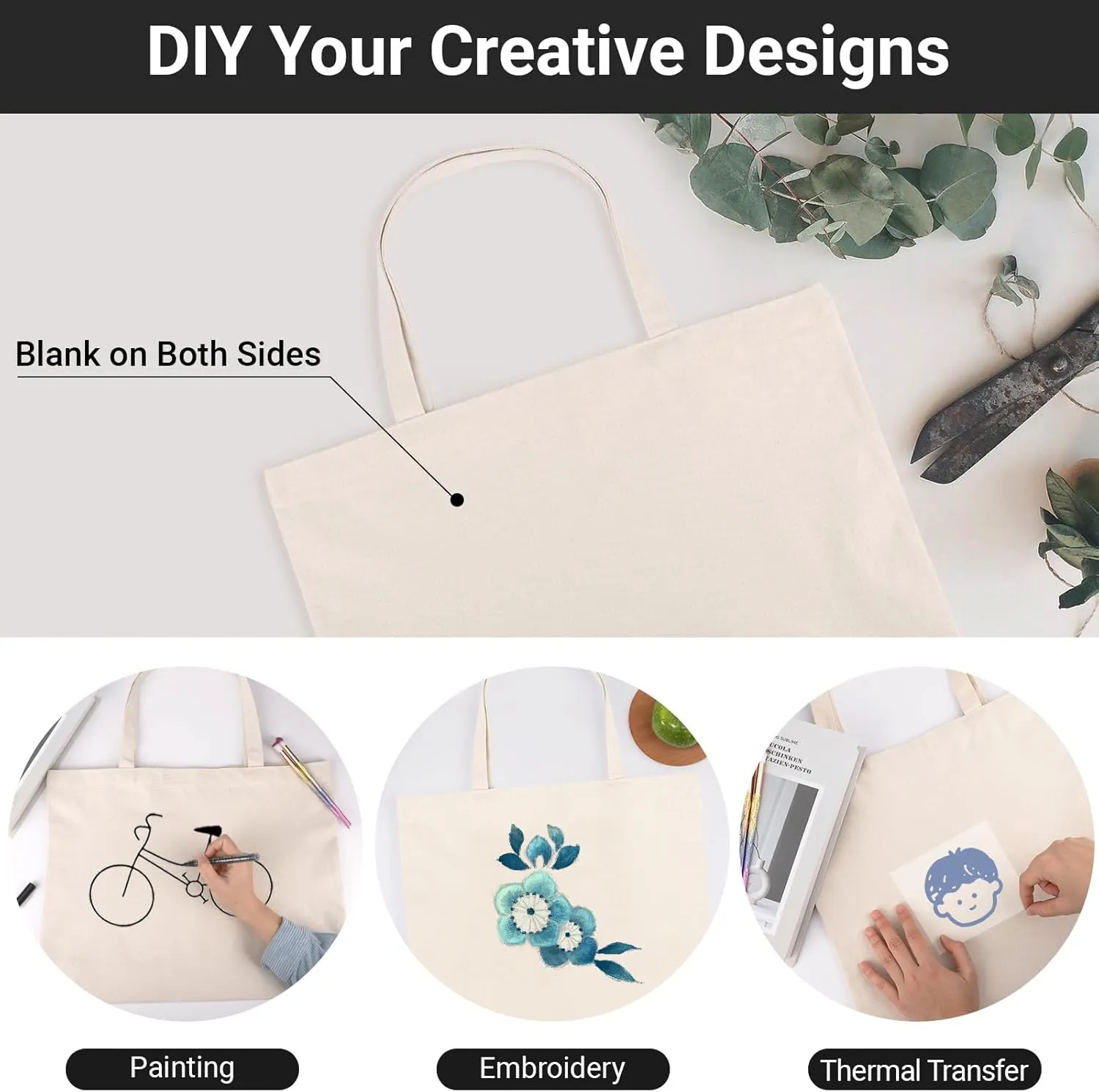 Segarty Blank Canvas Tote Bags, 3 Pack 18x15 Reusable Canvas Shoulder Bags for Women, Aesthetic with Natural Cotton Cloth, Tote for DIY, Gift, Grocery, Beach, Travel