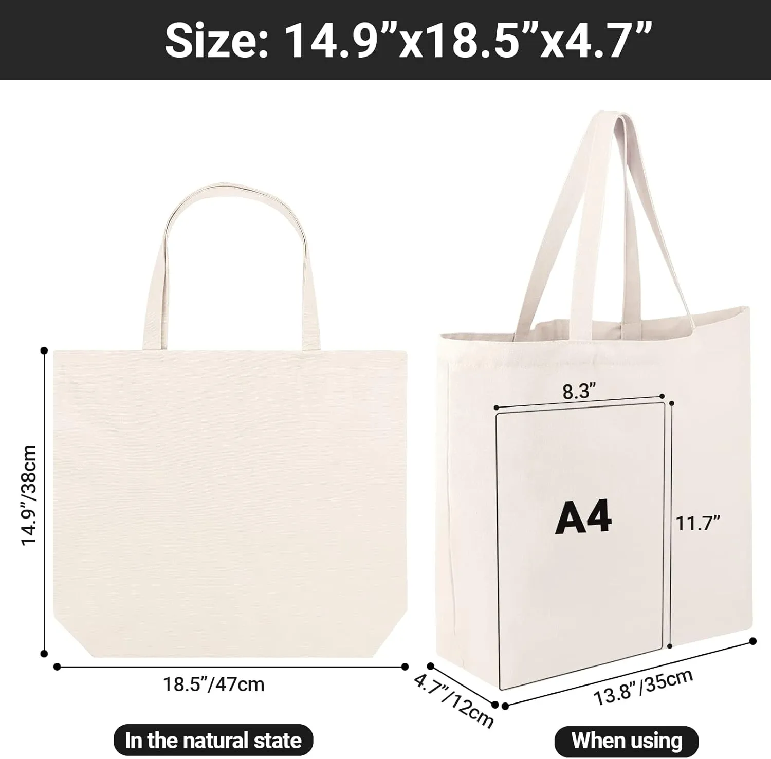 Segarty Blank Canvas Tote Bags, 3 Pack 18x15 Reusable Canvas Shoulder Bags for Women, Aesthetic with Natural Cotton Cloth, Tote for DIY, Gift, Grocery, Beach, Travel