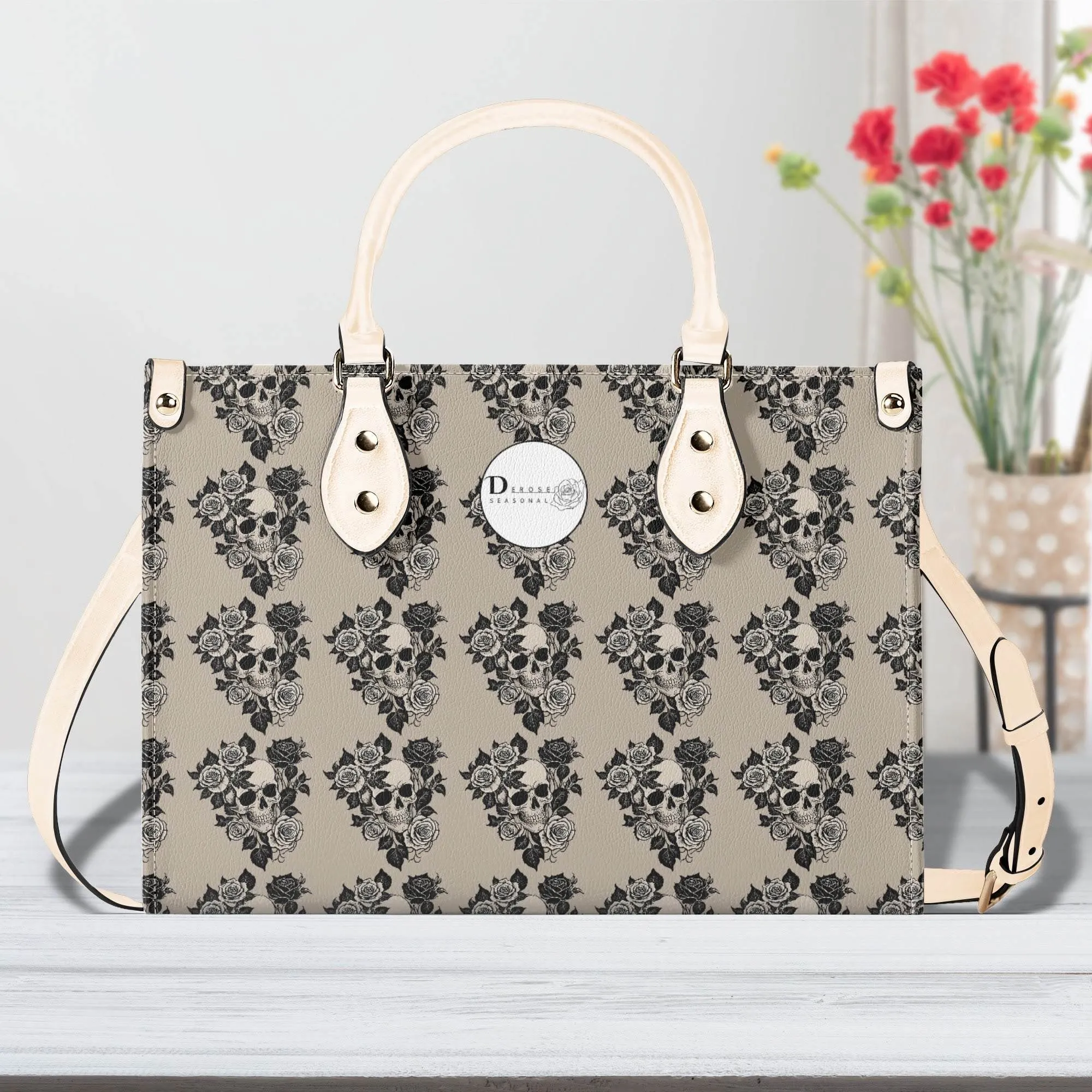 Sepia Skull and Rose Luxury Women Leather Handbag