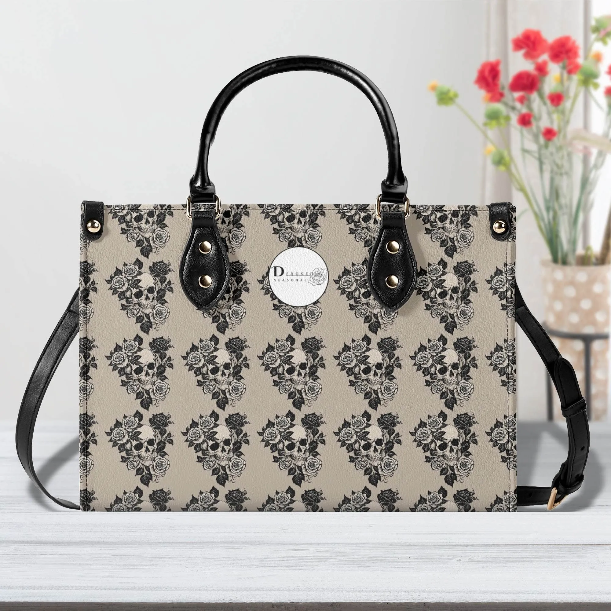 Sepia Skull and Rose Luxury Women Leather Handbag