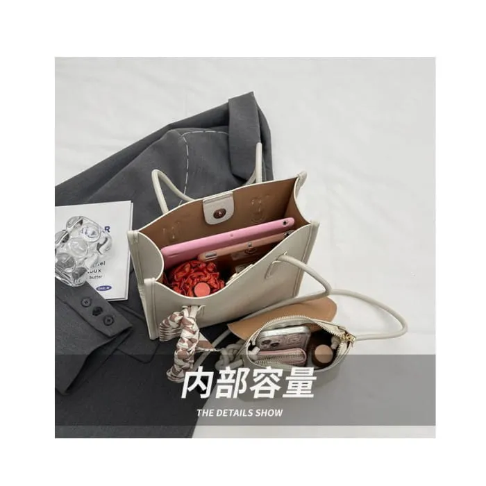 Set: Faux Leather Lettering Tote Bag   Flap Crossbody Bag