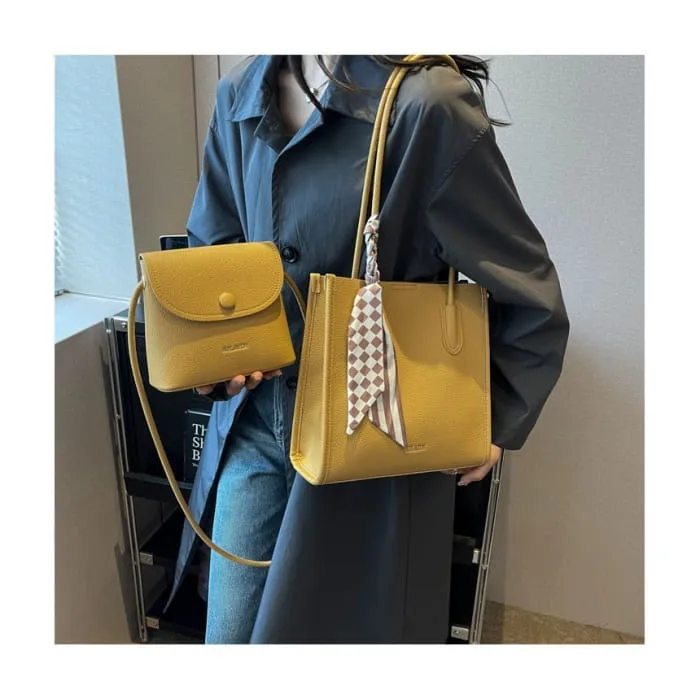 Set: Faux Leather Lettering Tote Bag   Flap Crossbody Bag