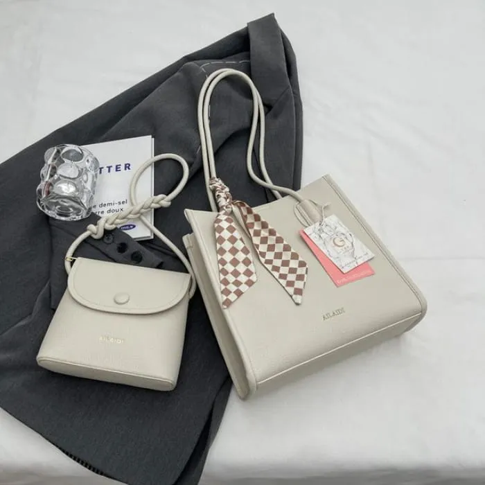 Set: Faux Leather Lettering Tote Bag   Flap Crossbody Bag