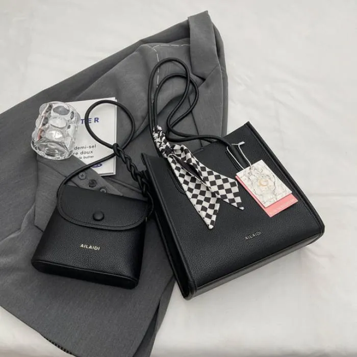 Set: Faux Leather Lettering Tote Bag   Flap Crossbody Bag