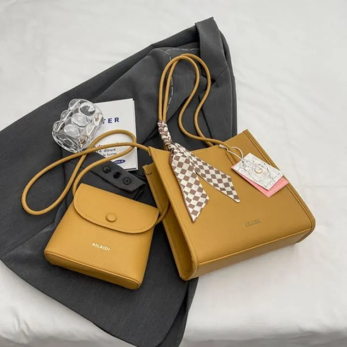 Set: Faux Leather Lettering Tote Bag   Flap Crossbody Bag