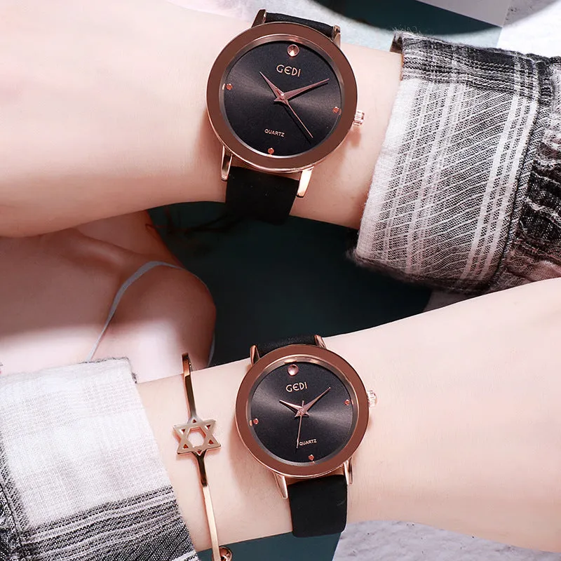 Simple Dial Leather Strap Women's Watch