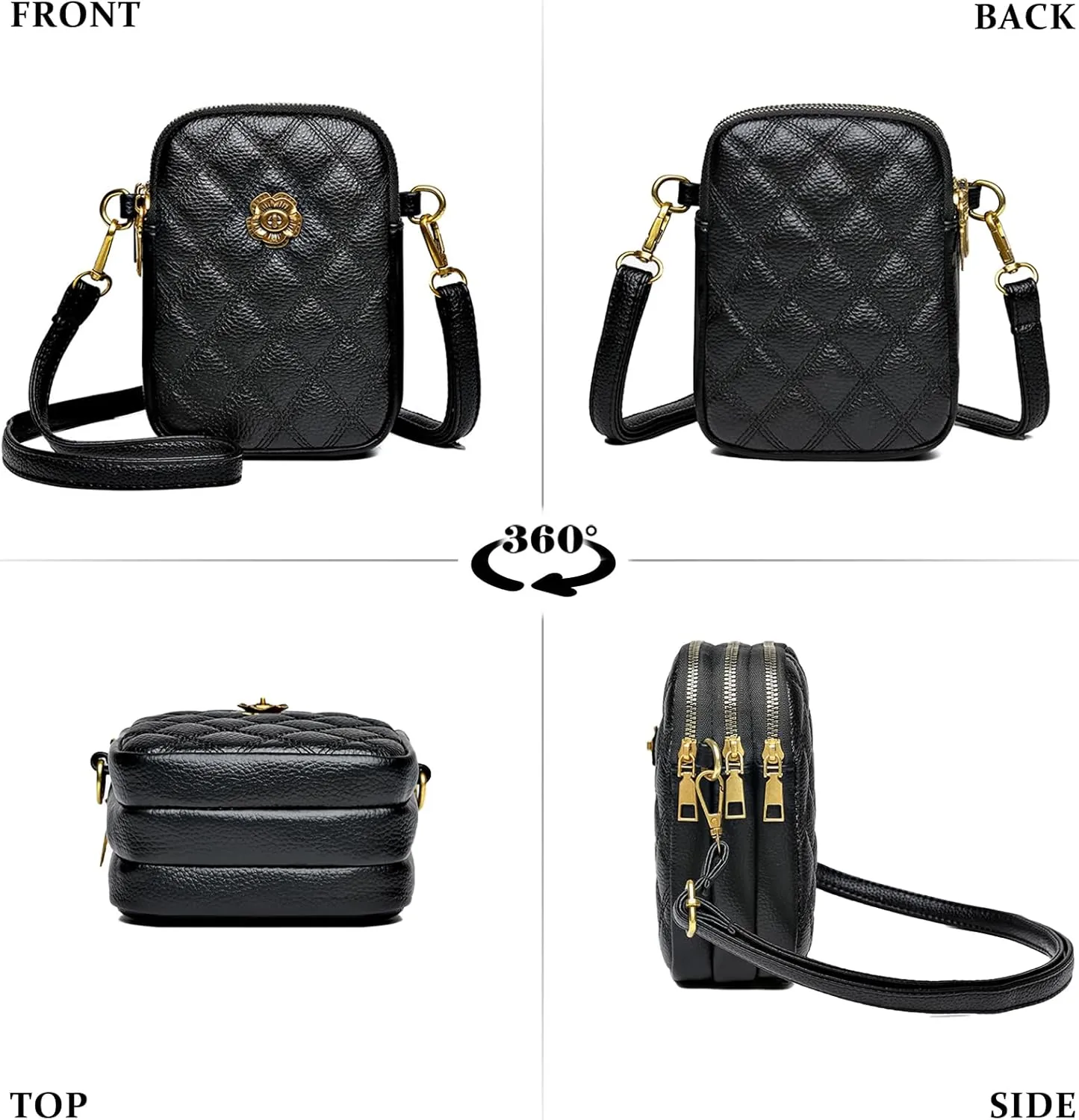 Sisadya Small Quilted Leather Crossbody Bags for Women,Floral Cell Phone Shoulder Purses for Women, Anti Theft Mini Handbags