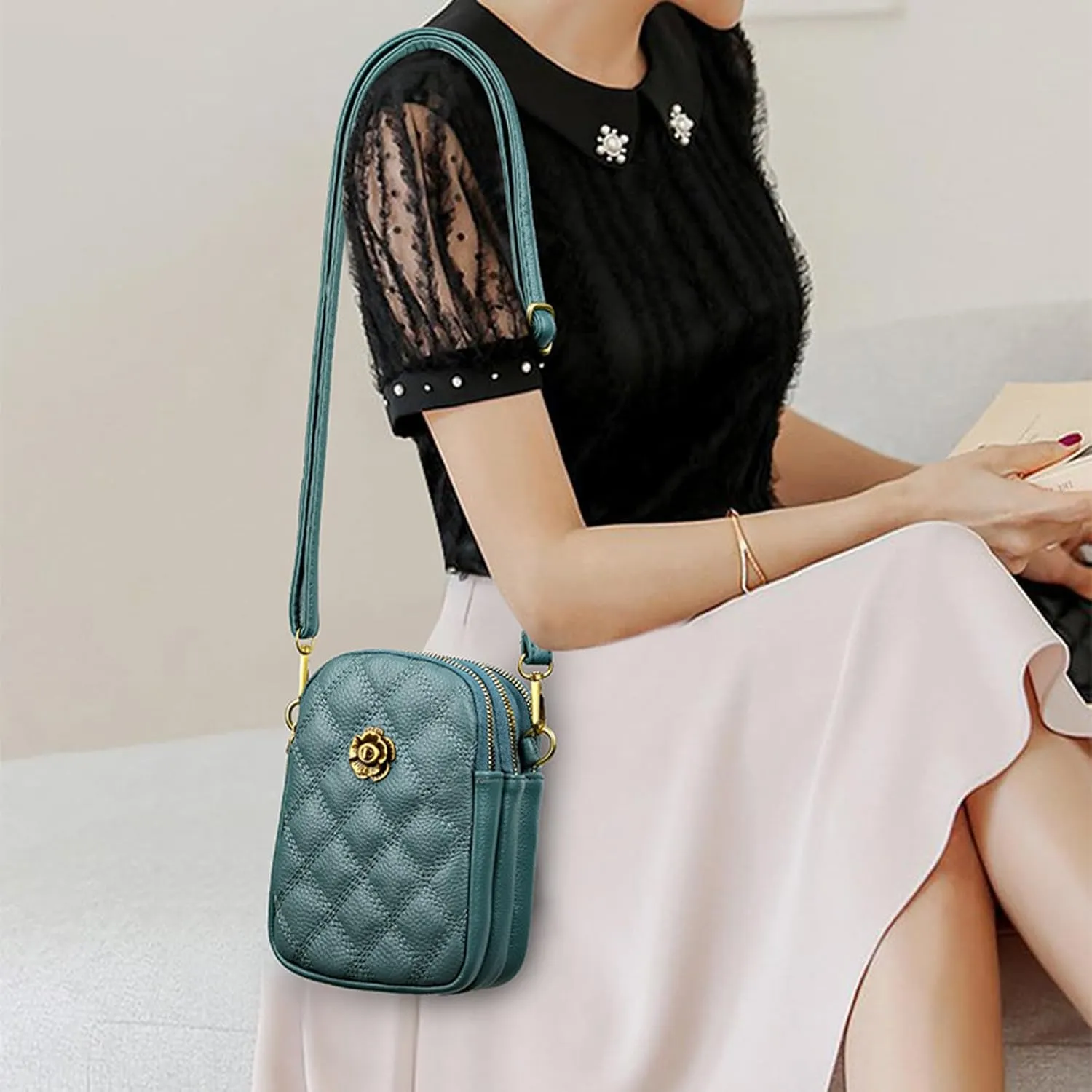 Sisadya Small Quilted Leather Crossbody Bags for Women,Floral Cell Phone Shoulder Purses for Women, Anti Theft Mini Handbags