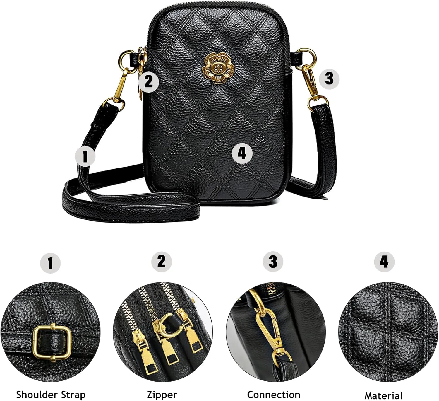 Sisadya Small Quilted Leather Crossbody Bags for Women,Floral Cell Phone Shoulder Purses for Women, Anti Theft Mini Handbags
