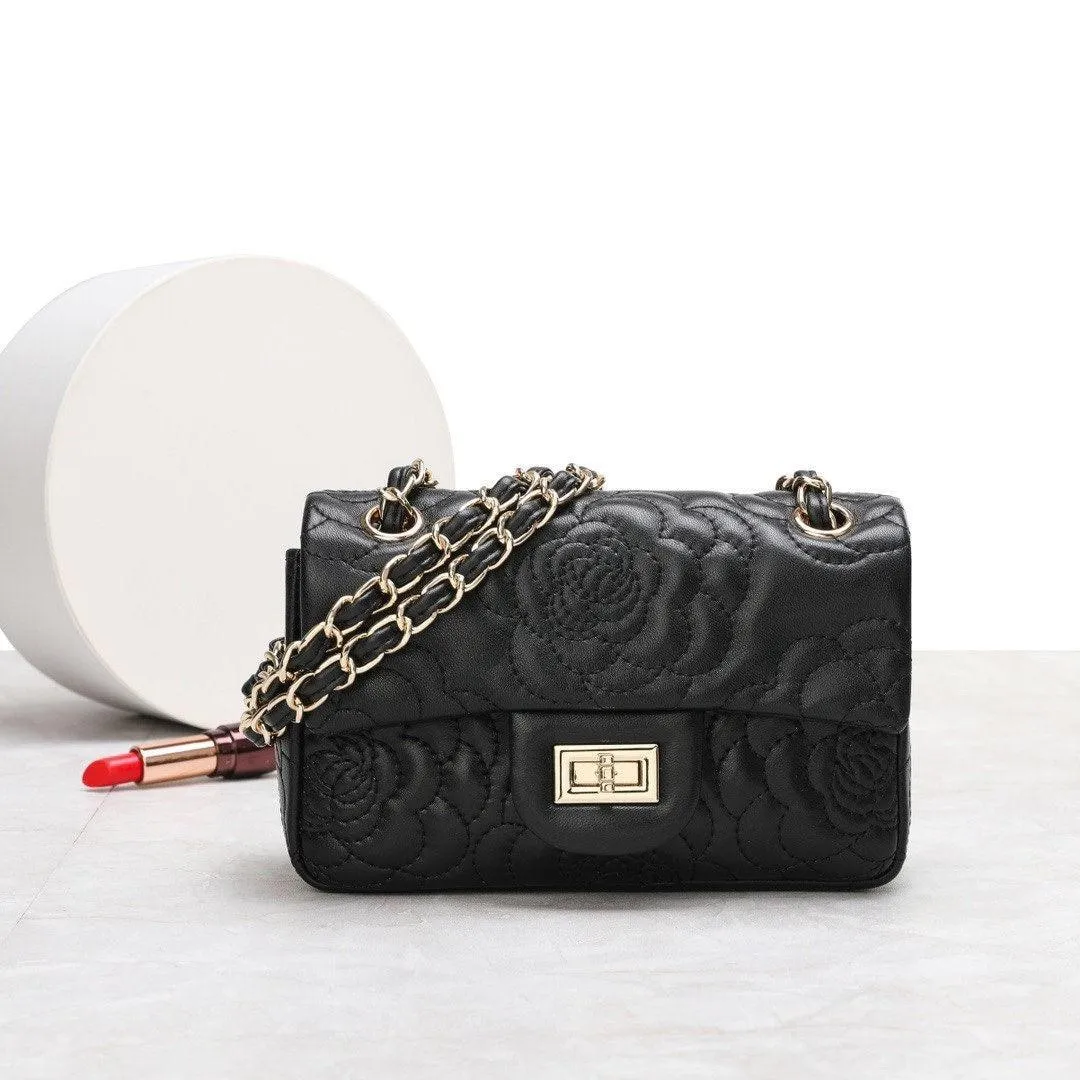 Small Classic Camellia Genuine Leather Shoulder Bag, Minimalist Bag, Iconic Black Crossbody Bag, Quilted Elegant Bag, Eternal Fashion Bag