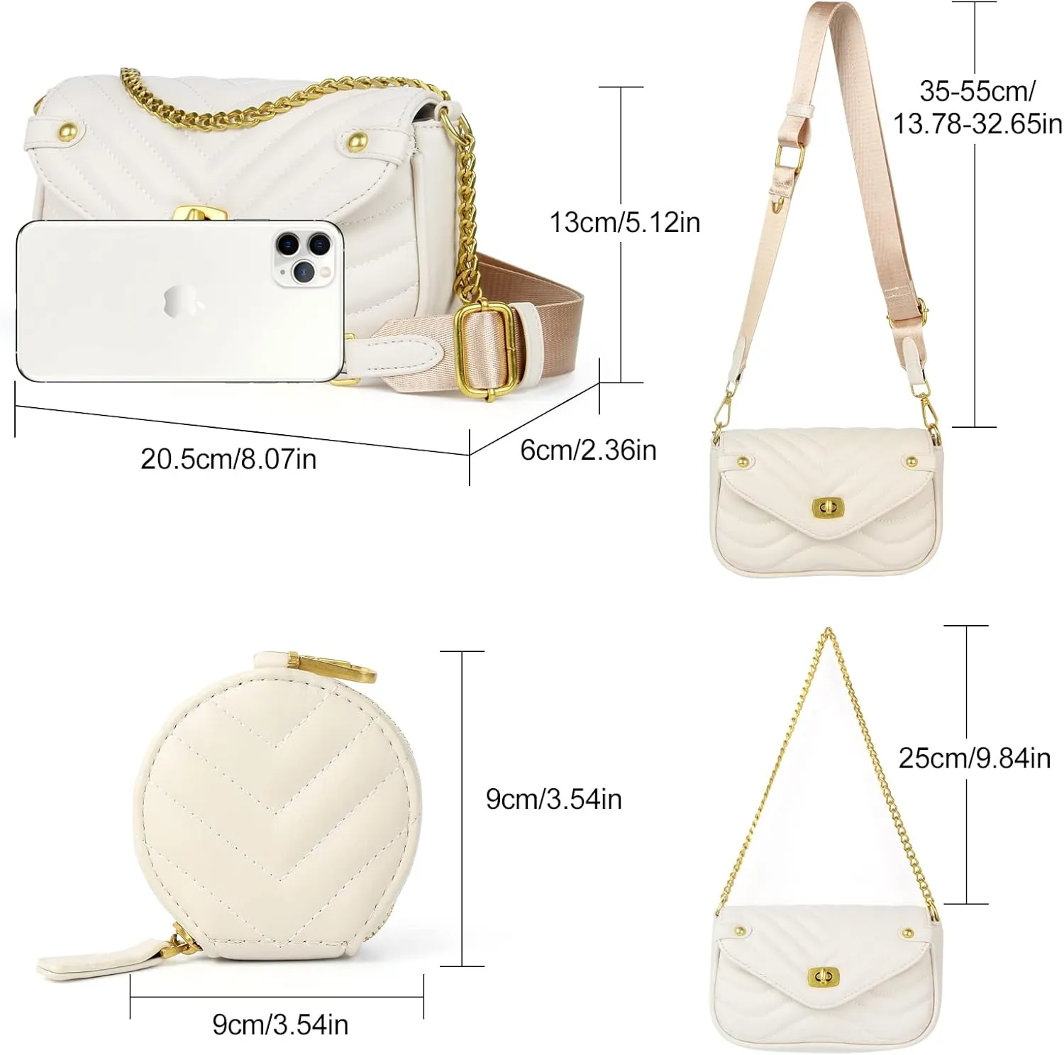 Small Crossbody Purses for Women Pu Leather Chain Quilted Handbag Designer Shoulder Bags Coin Cellphone Purse Set 2pcs