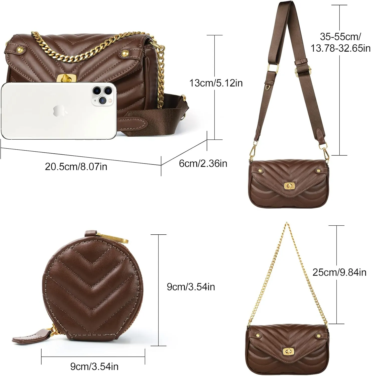 Small Crossbody Purses for Women Pu Leather Chain Quilted Handbag Designer Shoulder Bags Coin Cellphone Purse Set 2pcs