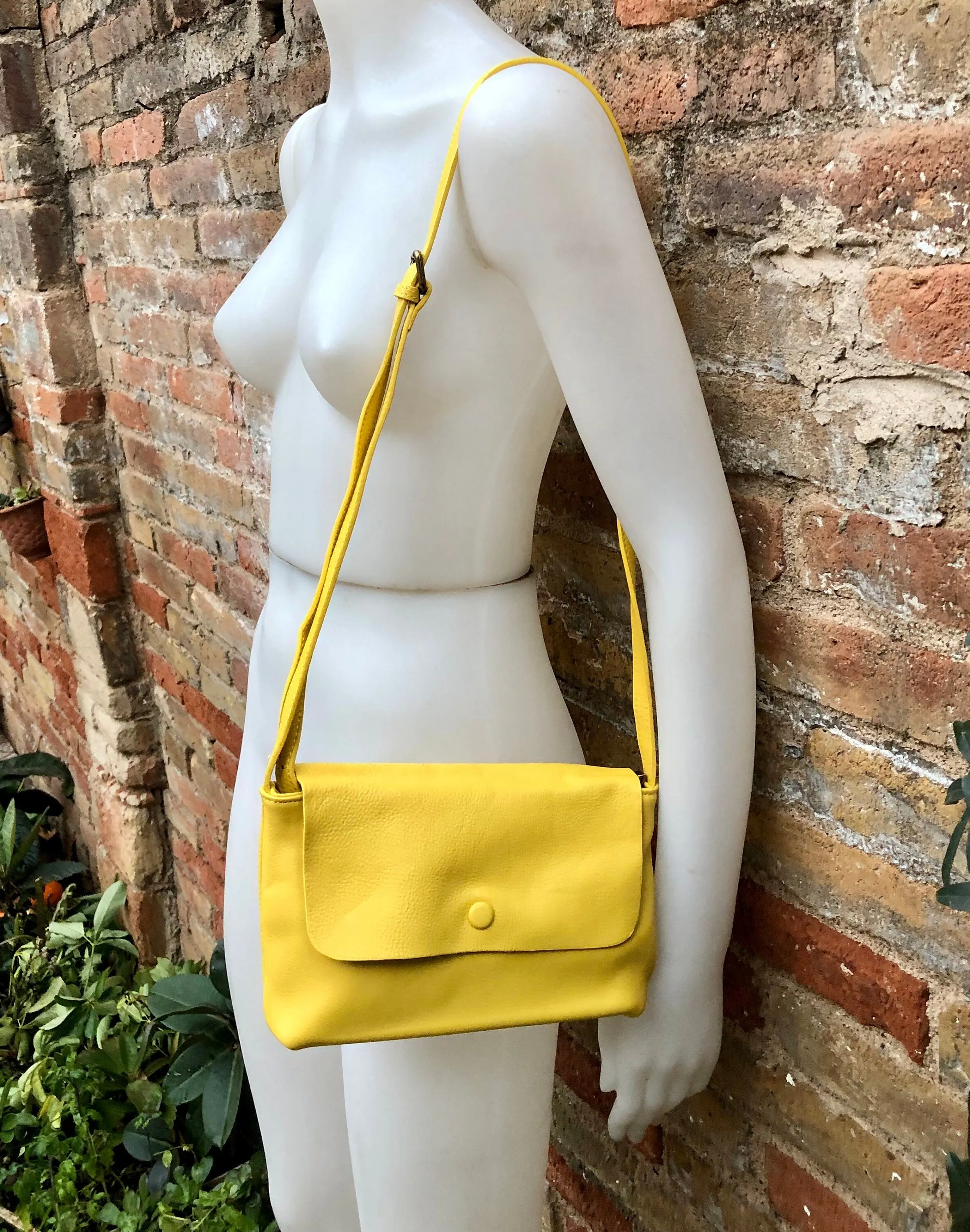 Small leather bag in yellow. Cross body or shoulder bag in GENUINE leather. Yellow leather bag with adjustable strap,  zipper and flap.