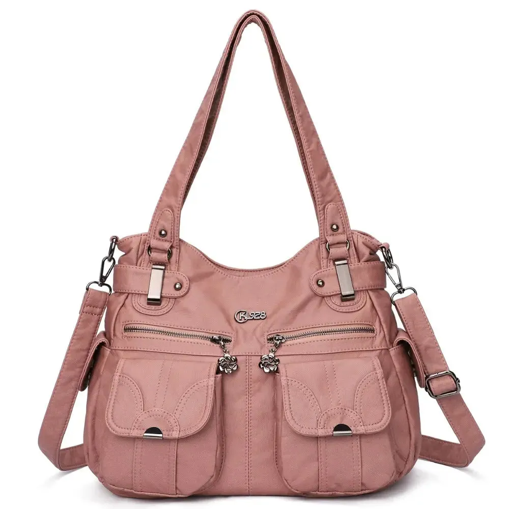 Soft Leather Crossbody Bag for Women - Zipper Pocket Casual Tote