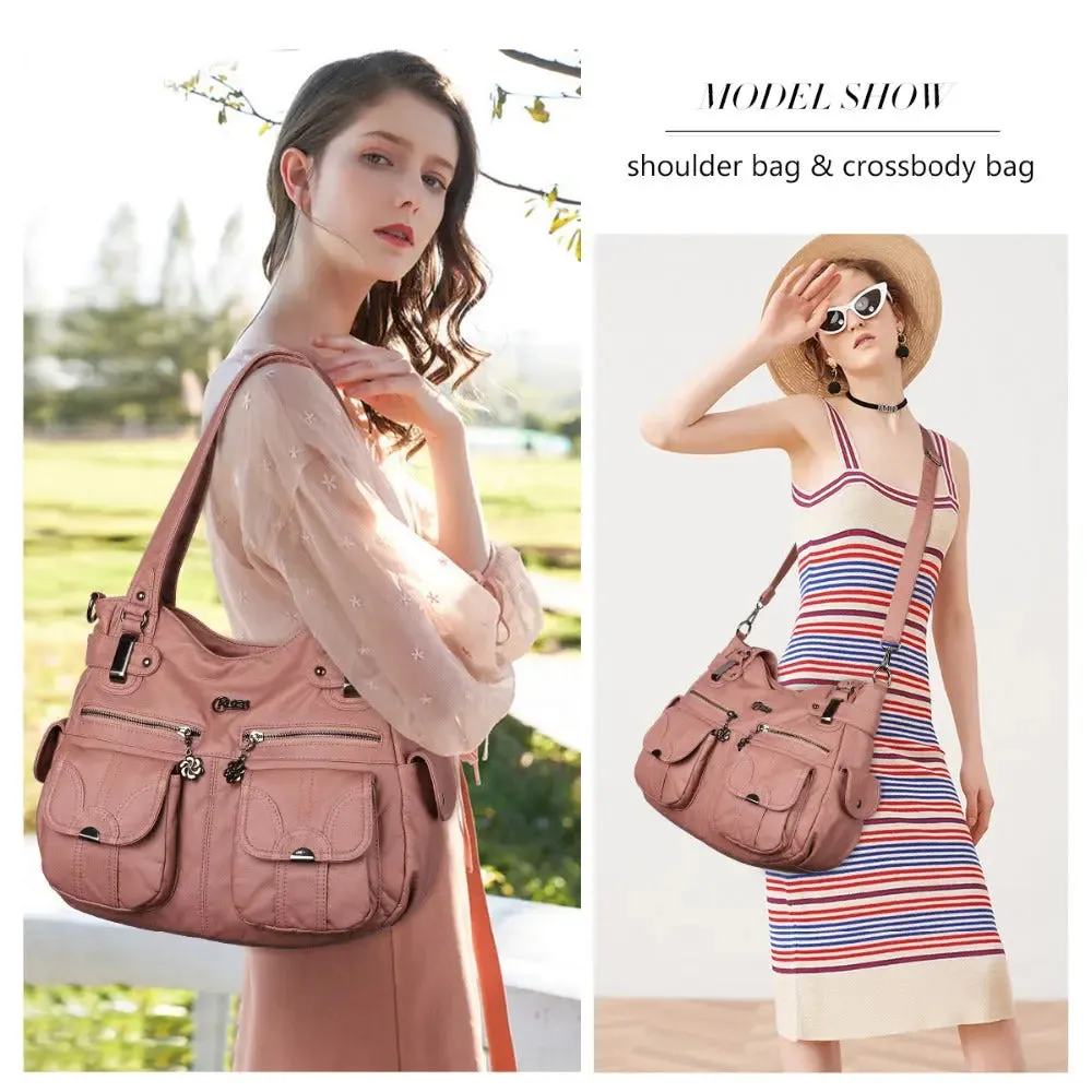Soft Leather Crossbody Bag for Women - Zipper Pocket Casual Tote