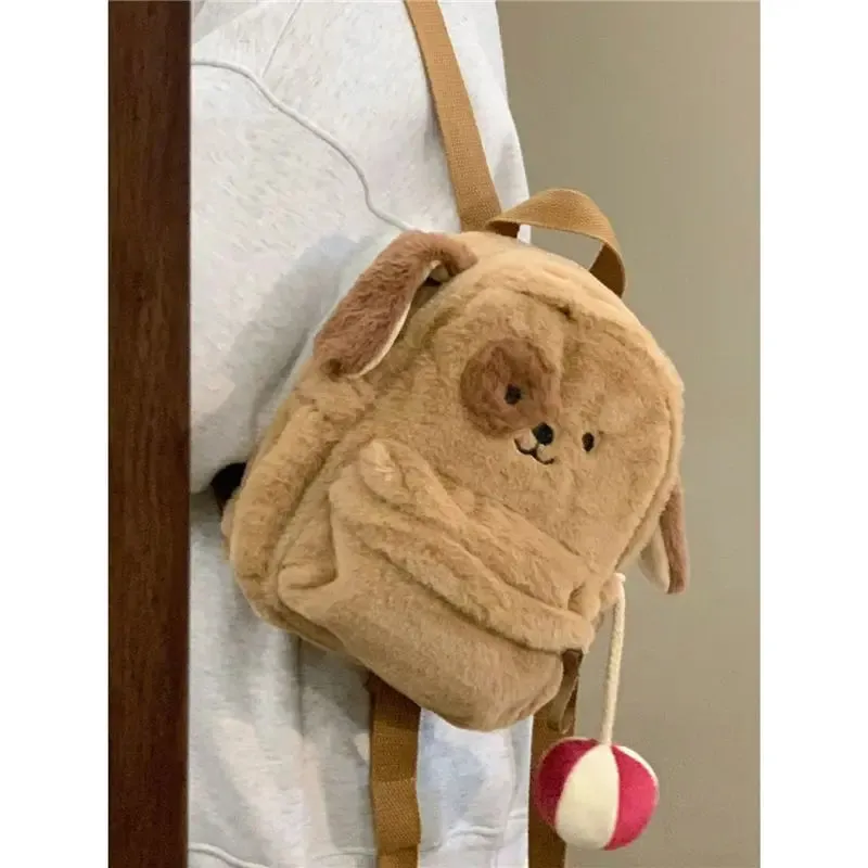 Sohiwoo Japanese Style Cute Plush Puppy School Bag Soft Large Capacity Student Backpack Women's Bag School Kawaii Backpack
