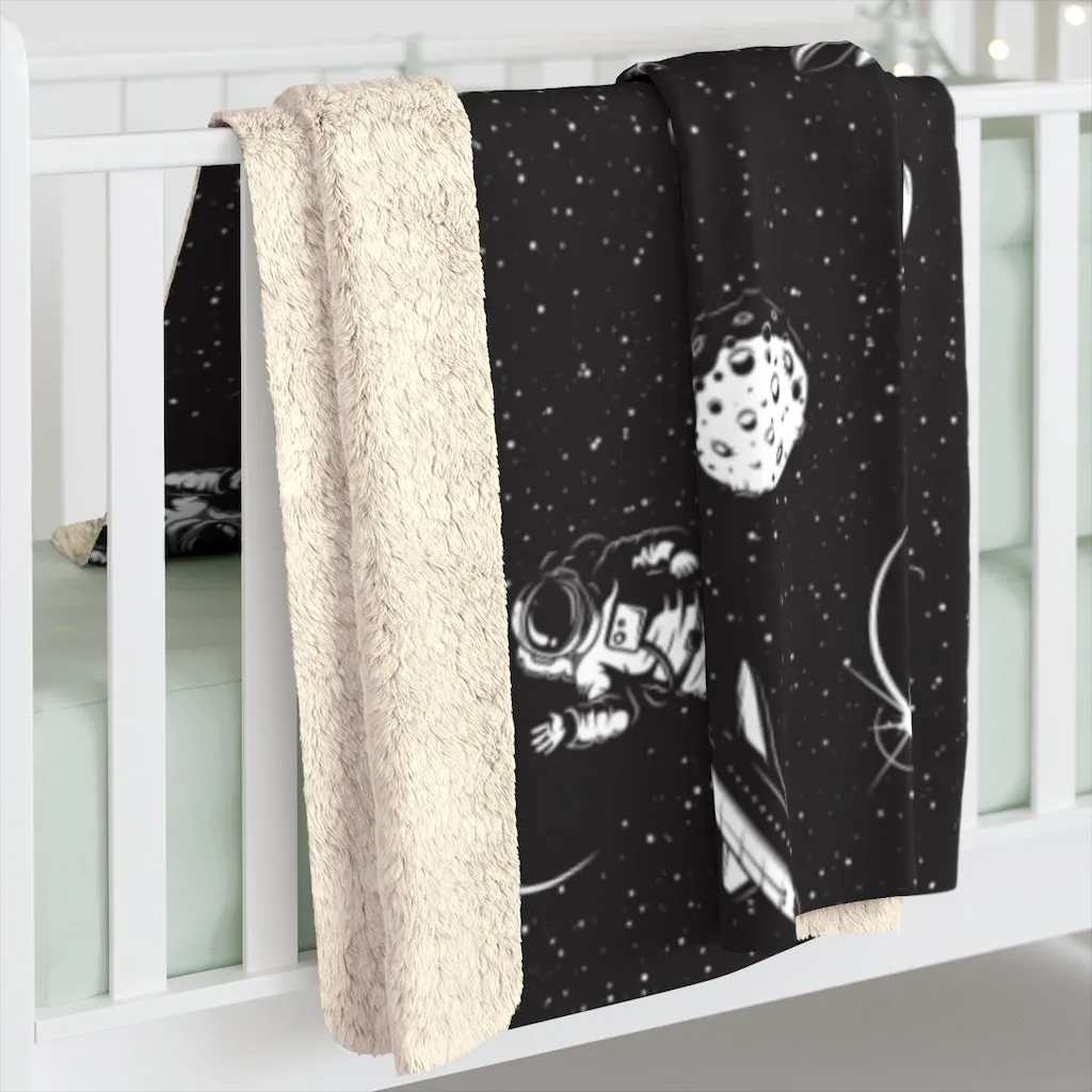 Space Astronaut Sherpa Fleece Blanket, Black Planets Stars Spaceship Throw Soft Fluffy Cozy Warm Adult Kids Adult Large Decor Gift