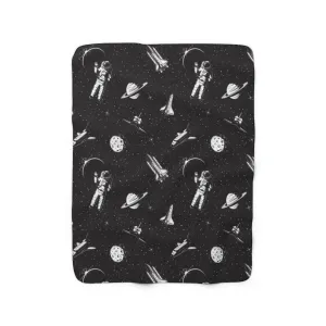 Space Astronaut Sherpa Fleece Blanket, Black Planets Stars Spaceship Throw Soft Fluffy Cozy Warm Adult Kids Adult Large Decor Gift