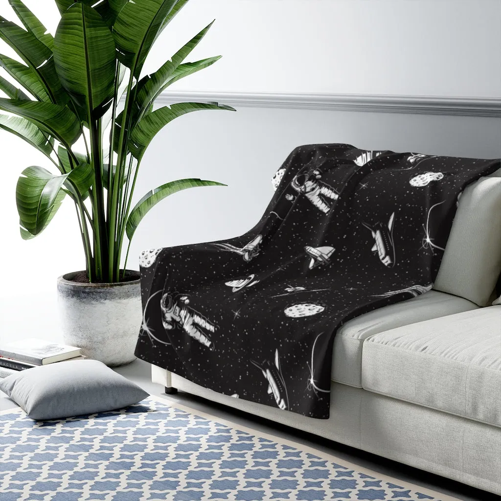 Space Astronaut Sherpa Fleece Blanket, Black Planets Stars Spaceship Throw Soft Fluffy Cozy Warm Adult Kids Adult Large Decor Gift