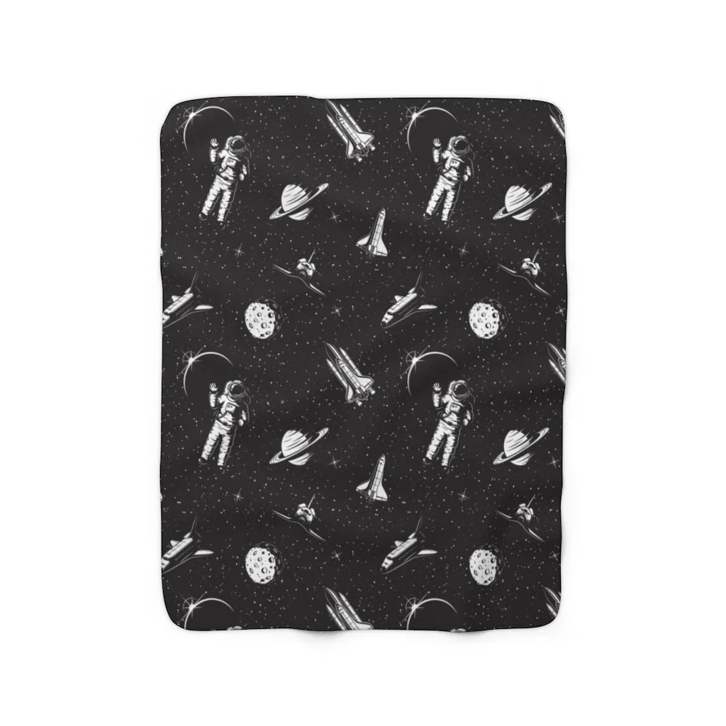 Space Astronaut Sherpa Fleece Blanket, Black Planets Stars Spaceship Throw Soft Fluffy Cozy Warm Adult Kids Adult Large Decor Gift