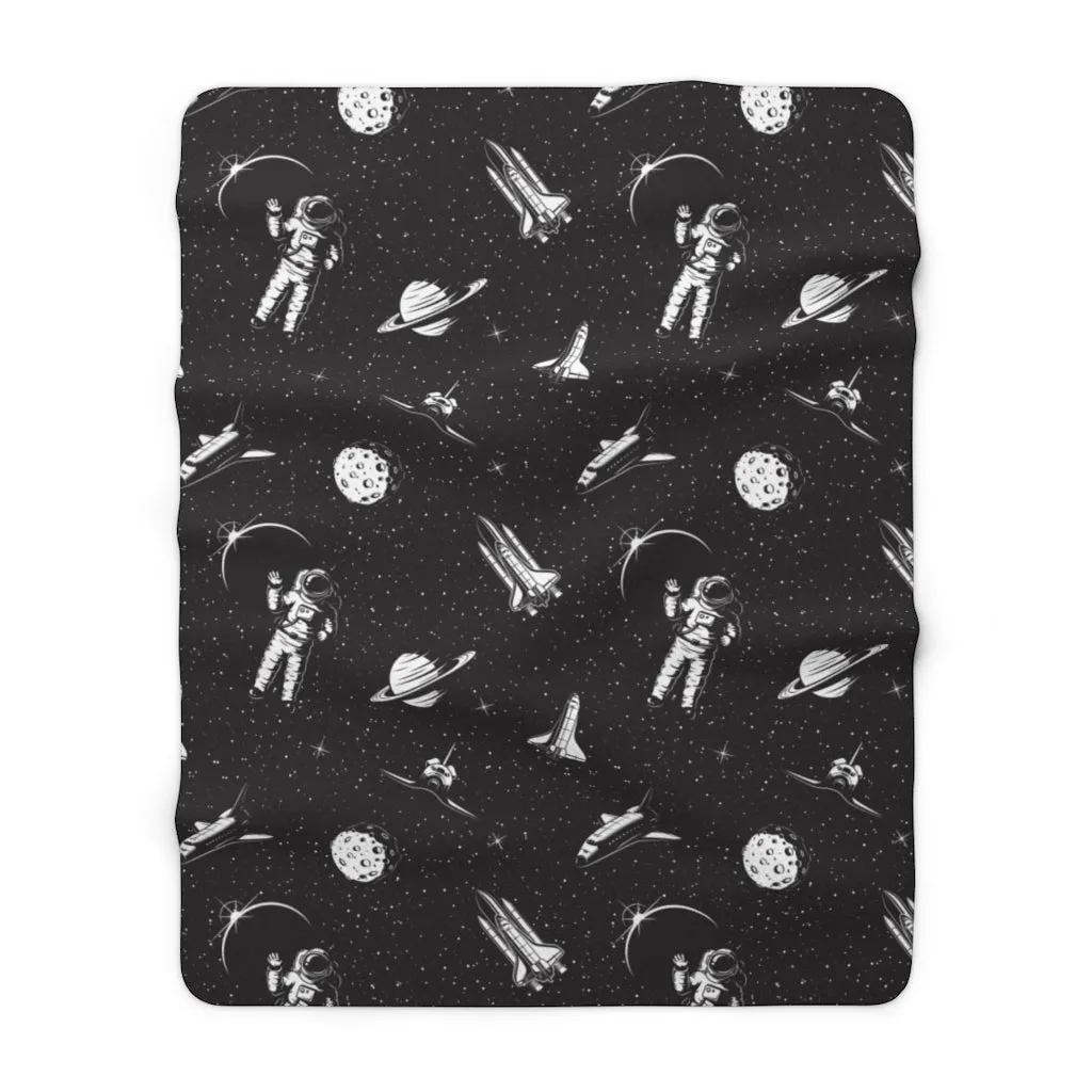 Space Astronaut Sherpa Fleece Blanket, Black Planets Stars Spaceship Throw Soft Fluffy Cozy Warm Adult Kids Adult Large Decor Gift