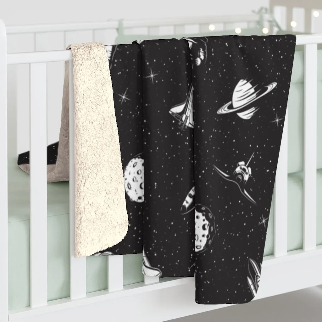 Space Astronaut Sherpa Fleece Blanket, Black Planets Stars Spaceship Throw Soft Fluffy Cozy Warm Adult Kids Adult Large Decor Gift