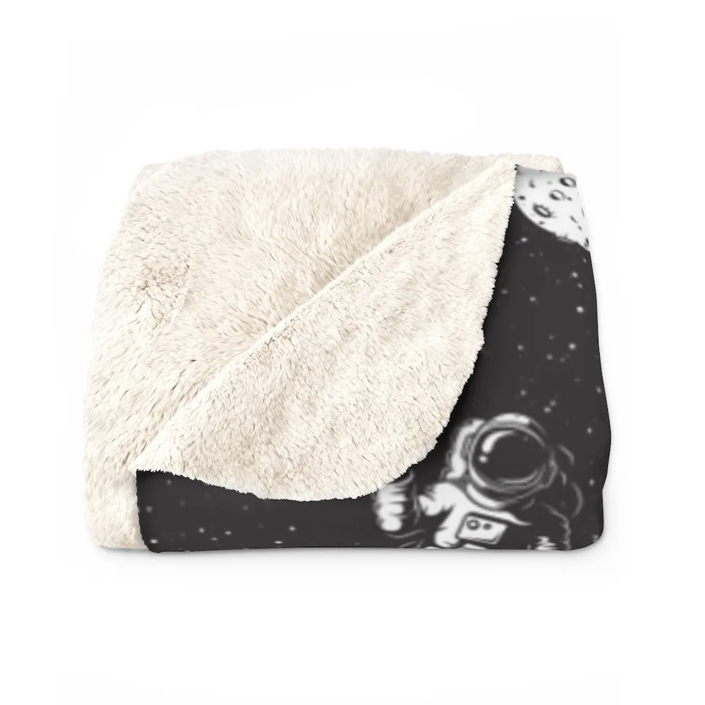 Space Astronaut Sherpa Fleece Blanket, Black Planets Stars Spaceship Throw Soft Fluffy Cozy Warm Adult Kids Adult Large Decor Gift