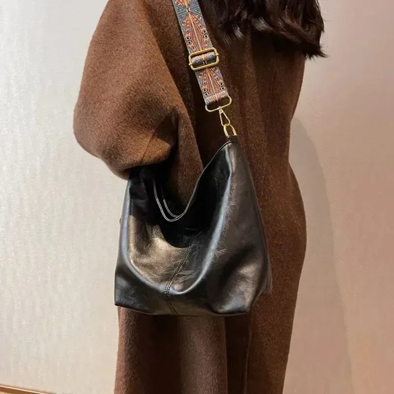 Spring Bag Ideas: Classic Leather Crossbody Bag with Fashion Wide Strap