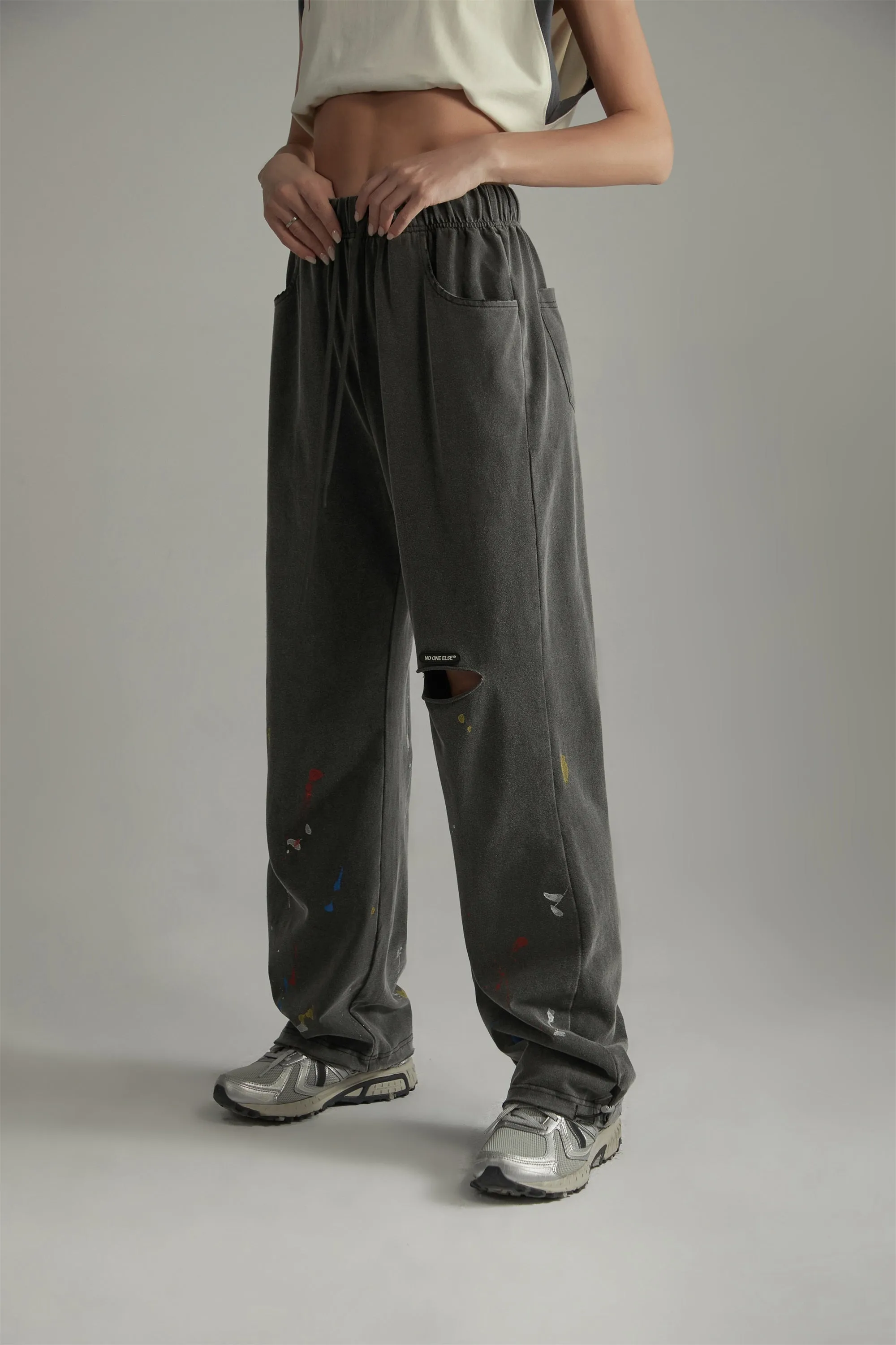 Street Style Paint Spots Slit String Pants