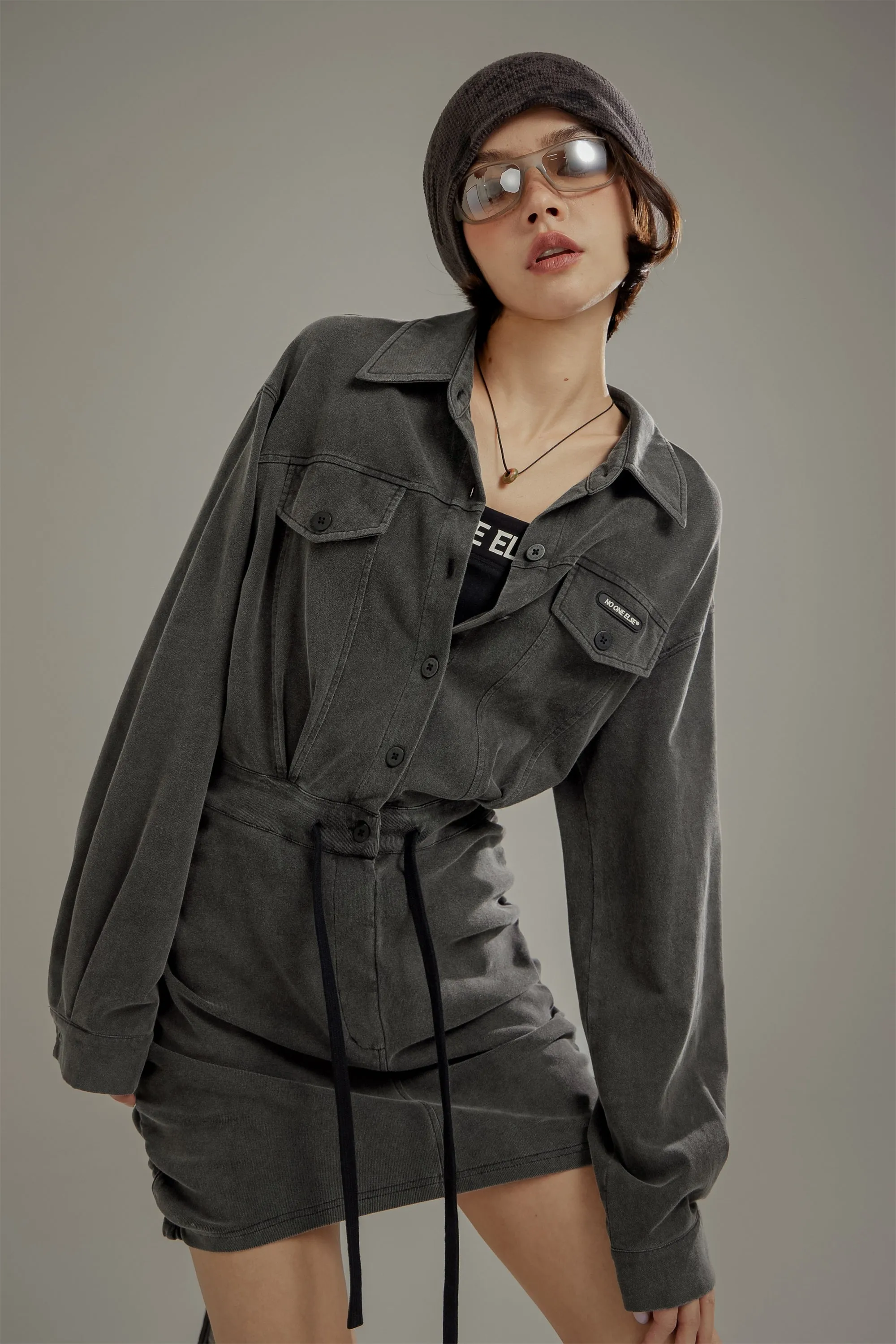 String Shirring Shirt Mini Dress